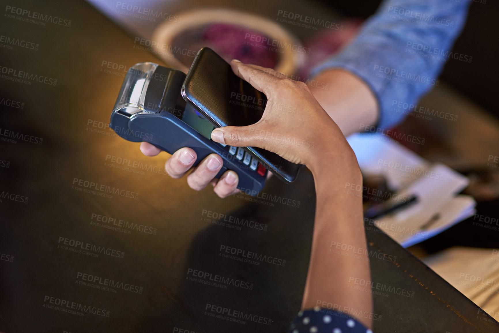 Buy stock photo Phone, bill or hands of customer in coffee shop for fintech or nfc payment transaction closeup. Contactless machine, bank app or person in cafe or restaurant for transfer in small business startup