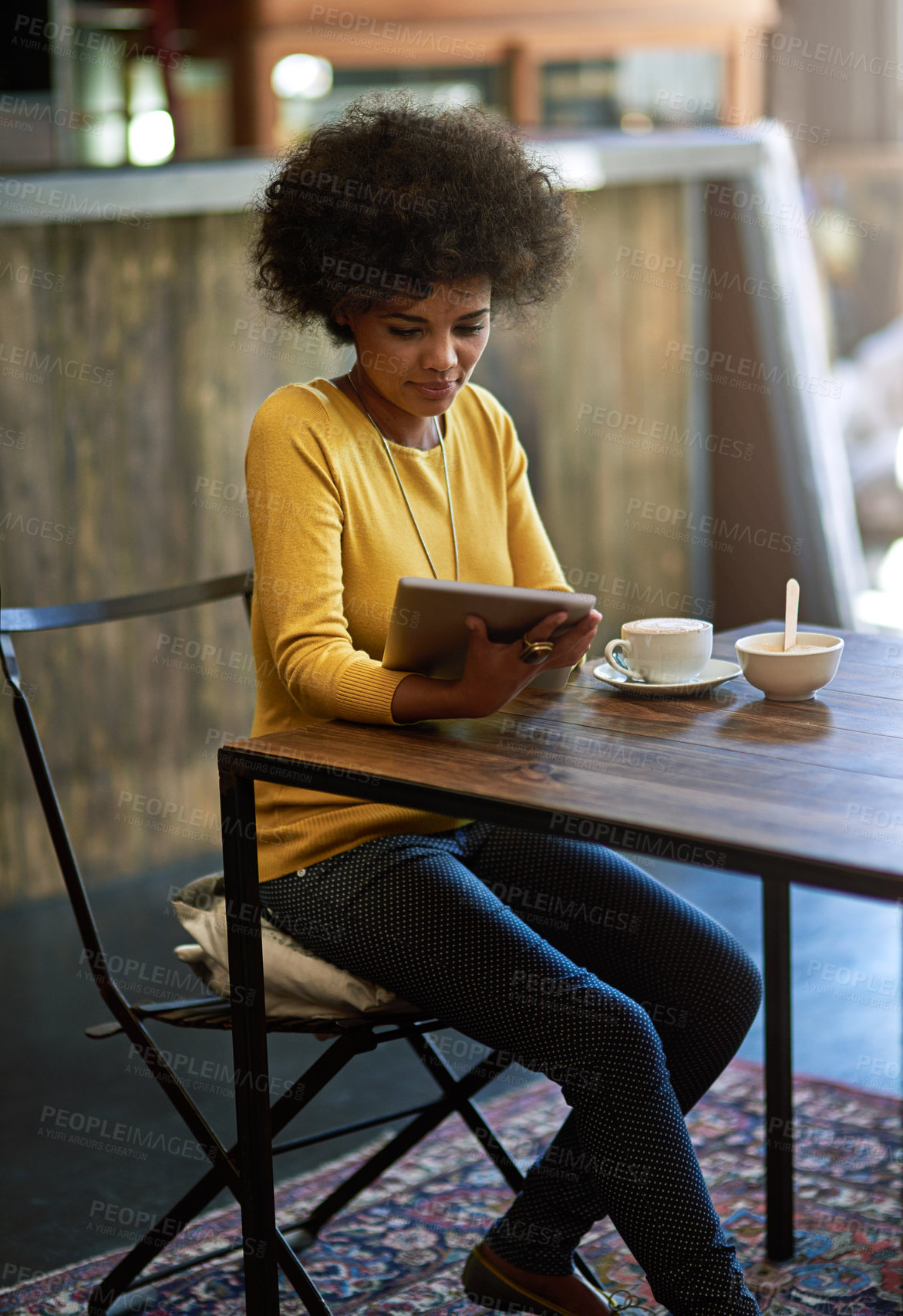 Buy stock photo African, woman and relax with tablet at cafe of ecommerce website, online menu and breakfast information. Girl, rest and digital with coffee for hospitality, review social media and retail restaurant