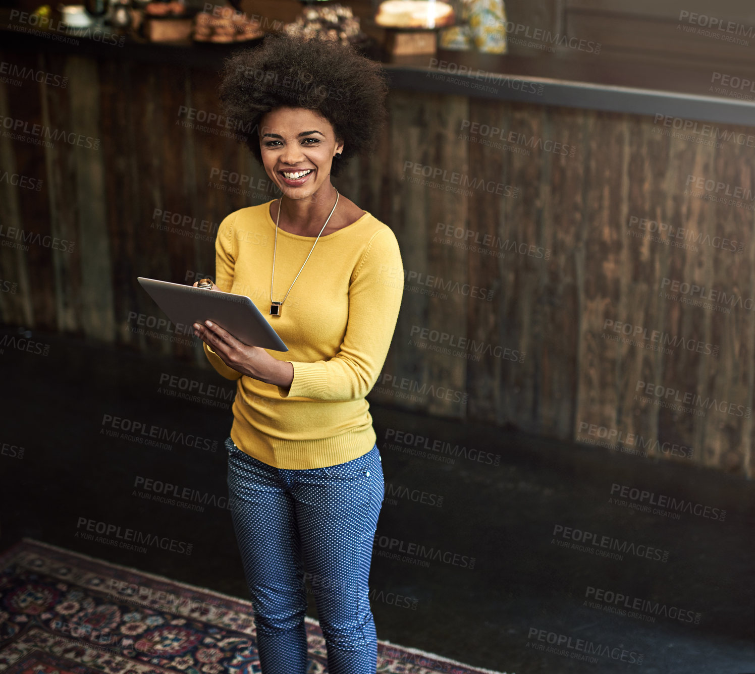 Buy stock photo African, woman and portrait with tablet for cafe ecommerce website, online menu and breakfast information. Girl, rest and digital with smile for hospitality, review social media and retail restaurant