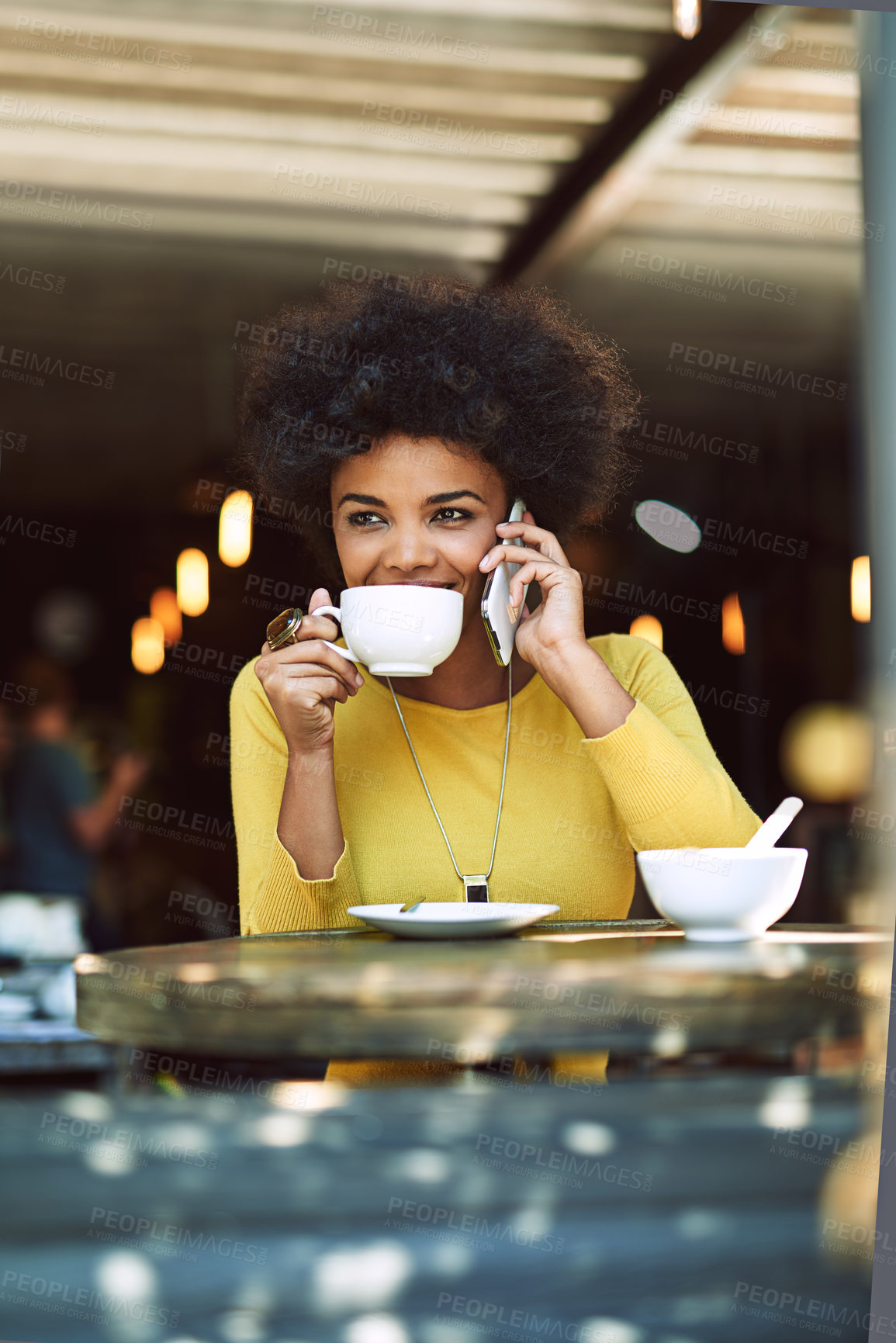 Buy stock photo Phone call, cappuccino and woman in cafe with communication for freelance creative career online. Happy, coffee and female copywriter on mobile discussion for contact with cellphone at restaurant.