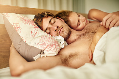 Buy stock photo Sleeping, care and love with couple in bedroom for resting, valentines day and marriage. Honeymoon, trust and morning with man and woman at home or staycation for anniversary retreat and relax