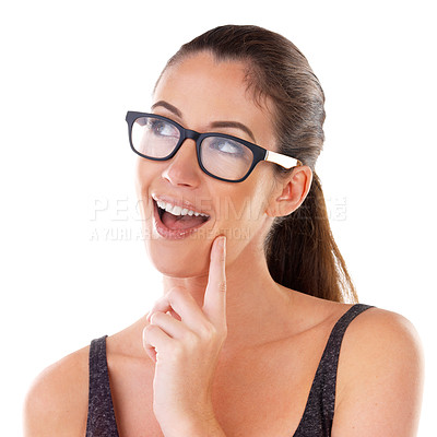 Buy stock photo Woman, thinking and glasses for eyewear, wow idea and trendy optometry or optician prescription lens. Young person, surprise and fashionable frame to contemplate or vision on studio white background 