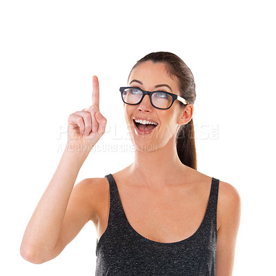 Buy stock photo Woman, idea and glasses in studio with happy with white background for smile with mockup. Confidence, sign and report with gesture for solution with emotion, excited and cheerful with thought