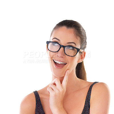 Buy stock photo Glasses, thinking and woman in studio excited with ideas, opportunity and mockup space. Vision, planning and creative girl isolated on white background for inspiration, insight or happy smile on face