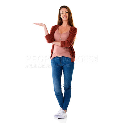 Buy stock photo Portrait, studio and woman with hand for product placement, advertising and smile on white background. Palm, space and presenting with gesture for deal or retail promotion, sale and mockup for offer
