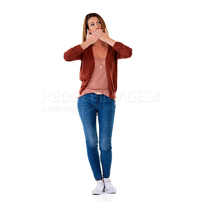 Buy stock photo Studio, hands and surprise for woman with wow, omg and expression on white background. Shock, good news and wtf for deal or retail promotion, announcement and special for female model or customer