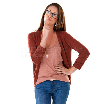 Buy stock photo Glasses, thinking and woman in studio with ideas, opportunity or reflection on choice. Vision, planning and creative girl isolated on white background for inspiration, insight or doubt in decision