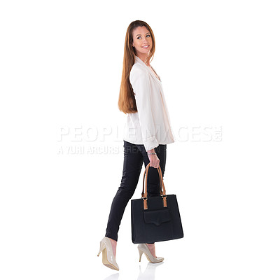 Buy stock photo Woman, fashion and smile in city with bag for corporate aesthetic, professional style and beauty. Editor or young person and confident with trendy wear and accessory on white background in studio 