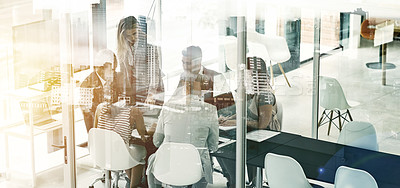 Buy stock photo Multiple exposure shot of businesspeople in an office superimposed on a cityscape