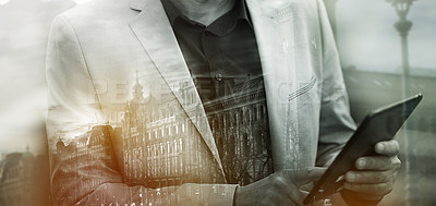 Buy stock photo Multiple exposure shot of a businessman using a digital tablet superimposed on a cityscape