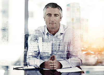 Buy stock photo Multiple exposure shot of a mature businessman in an office superimposed on a cityscape
