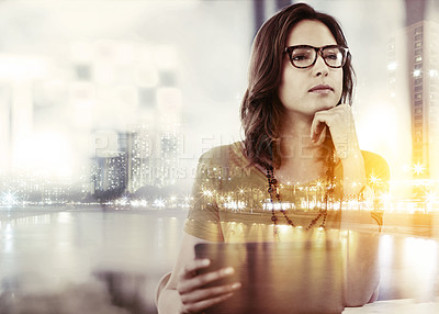 Buy stock photo Multiple exposure shot of a businesswoman using a cellphone superimposed on a cityscape