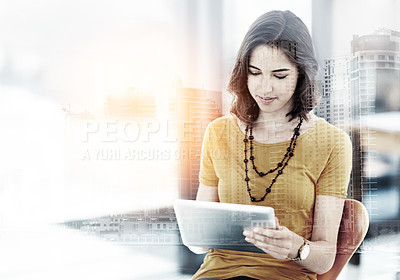 Buy stock photo Multiple exposure shot of a businesswoman using a digital tablet superimposed on a cityscape