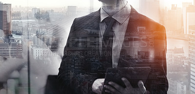 Buy stock photo Multiple exposure shot of a businessman superimposed on a cityscape