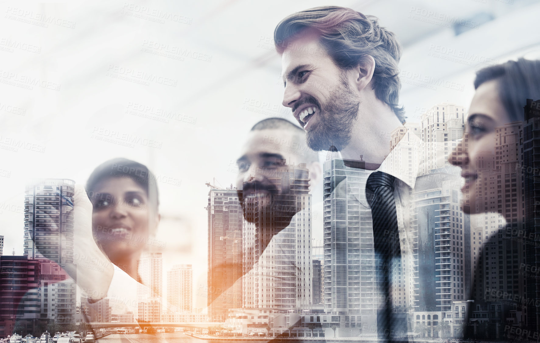 Buy stock photo Multiple exposure shot of businesspeople brainstorming on a glass wall superimposed on a cityscape