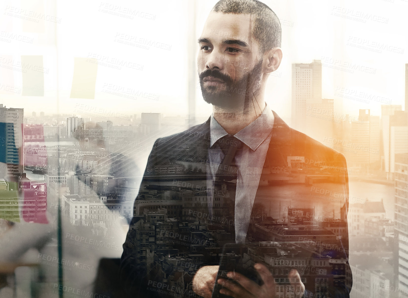 Buy stock photo Double exposure, tablet and businessman in city for thinking, pride and corporate development. Building overlay, vision and African company executive with ambition, professional and career experience