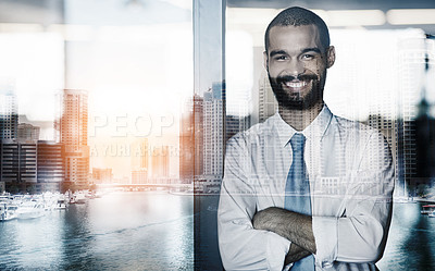 Buy stock photo Multiple exposure shot of a businessman standing in an office superimposed on a cityscape
