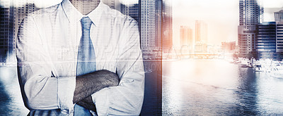 Buy stock photo Business man, double exposure and arms crossed by buildings for mockup space, career or 3d overlay at job. Businessman, holographic cityscape or metro skyline in workplace with lens flare for mock up