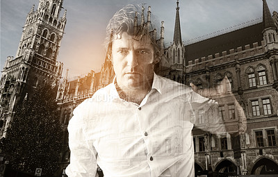 Buy stock photo Multiple exposure shot of a businessman superimposed on a cathedral