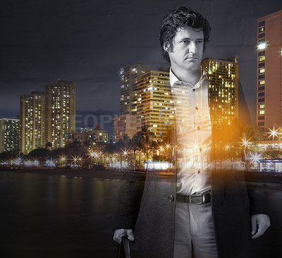 Buy stock photo Multiple exposure shot of a businessman superimposed on a cityscape at night