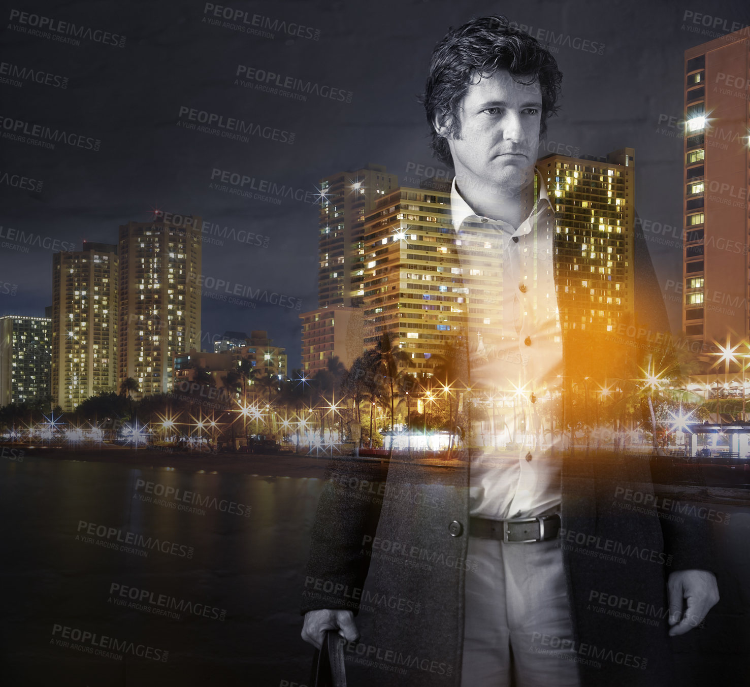 Buy stock photo Multiple exposure shot of a businessman superimposed on a cityscape at night
