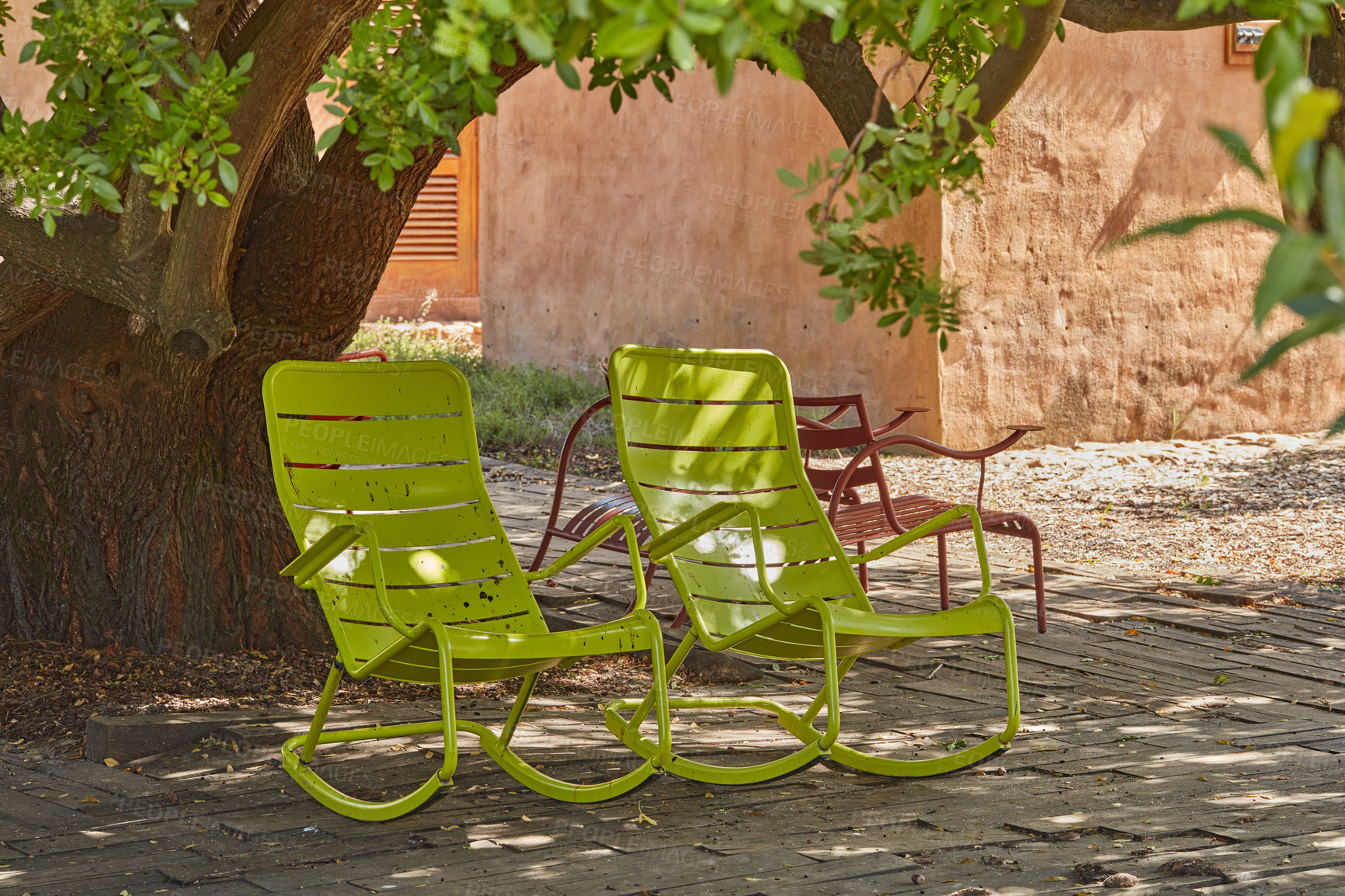 Buy stock photo Relax on two green metal rocking chairs under the shade of a tree in a serene, peaceful private backyard at home on summer's day.