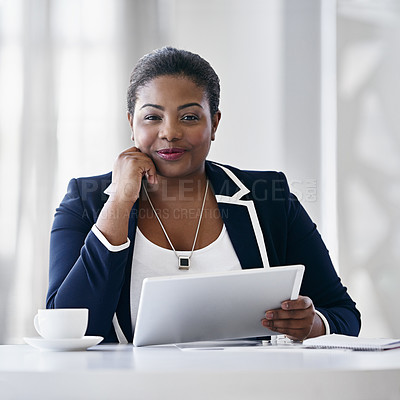 Buy stock photo Tablet, planning and portrait of businesswoman in office with ideas, research or brainstorming. Smile, confident and African female public relations manager with digital technology for journalism.