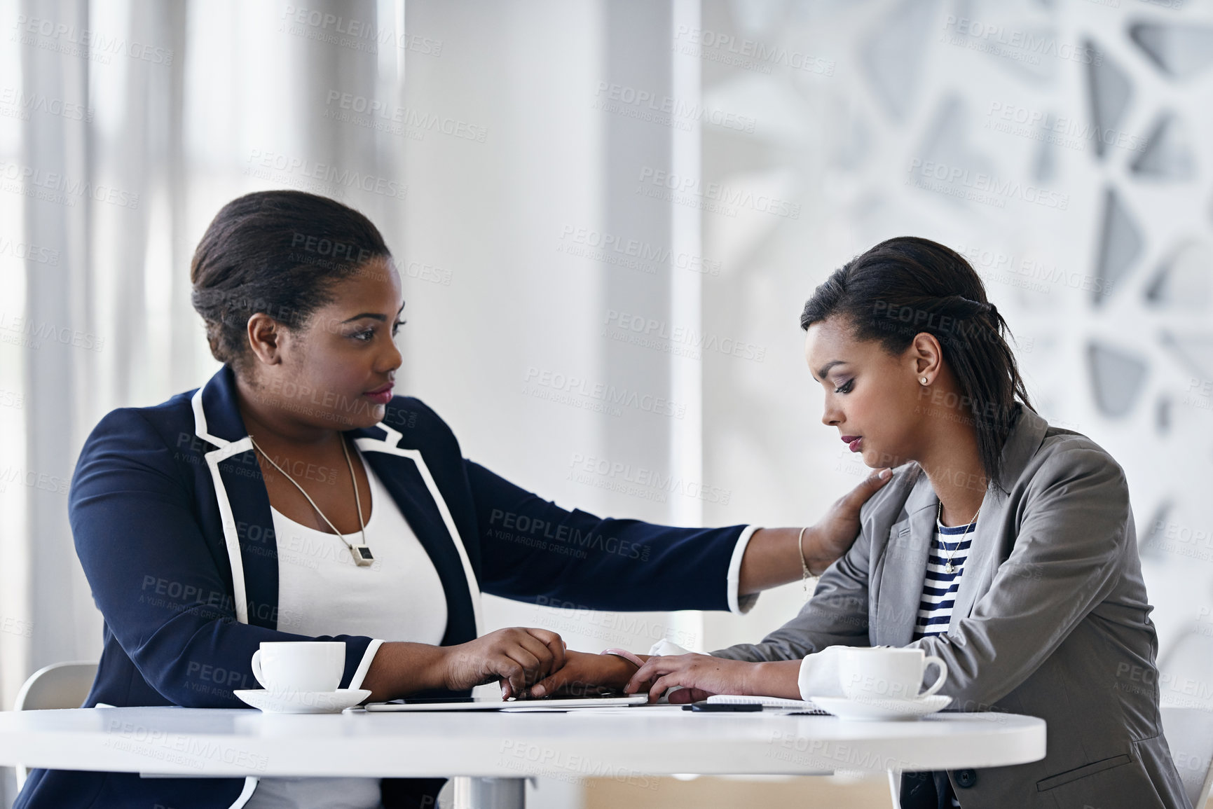 Buy stock photo Empathy, women and support in office with care, listen and solidarity as psychologist for company. Female people, comfort and compassion for grief counselling, conversation and mental health at work