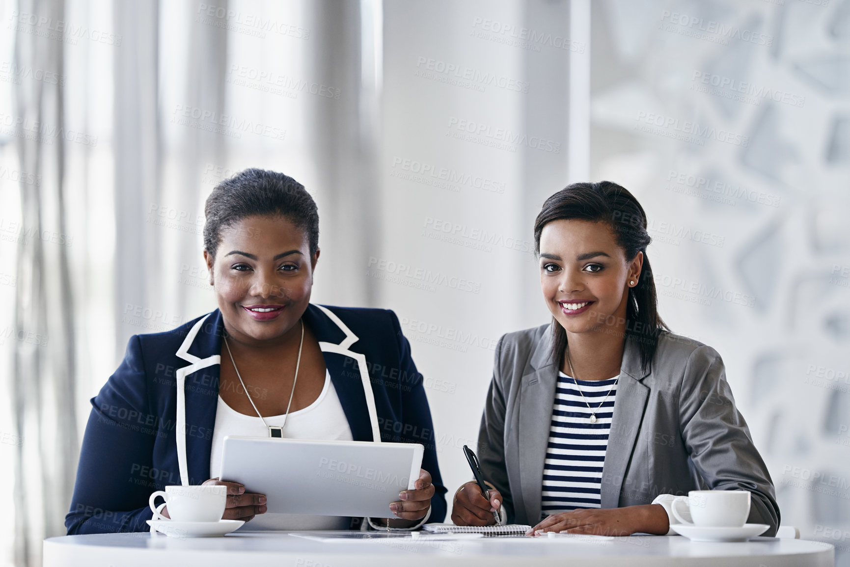 Buy stock photo Smile, portrait and business women in office for collaboration on multimedia project together. Tablet, coffee and female public relations employees drinking latte at meeting for team or partnership.