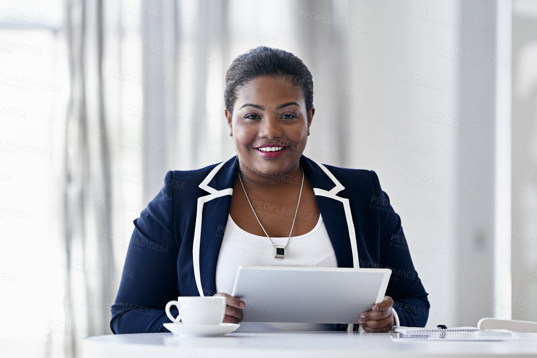 Buy stock photo Portrait, corporate and black woman on tablet in office for administration, reminder update and schedule. Smile, female person and digital for finance bookkeeping, business agenda and proposal report