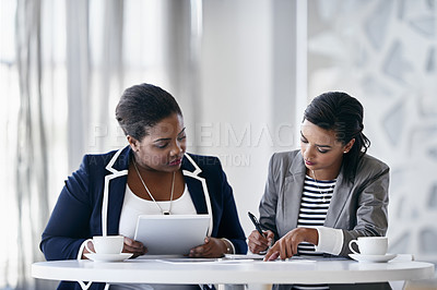 Buy stock photo Conversation, research and business women in office for collaboration on multimedia project together. Discussion, coffee and female public relations employees with latte at meeting for teamwork