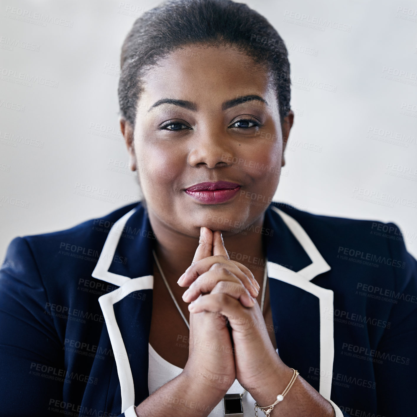 Buy stock photo Proud, corporate and black woman for portrait in office of lawyer ambition, about us and justice solution. Thinking, female attorney and planning of court case, legal feedback and legislation service