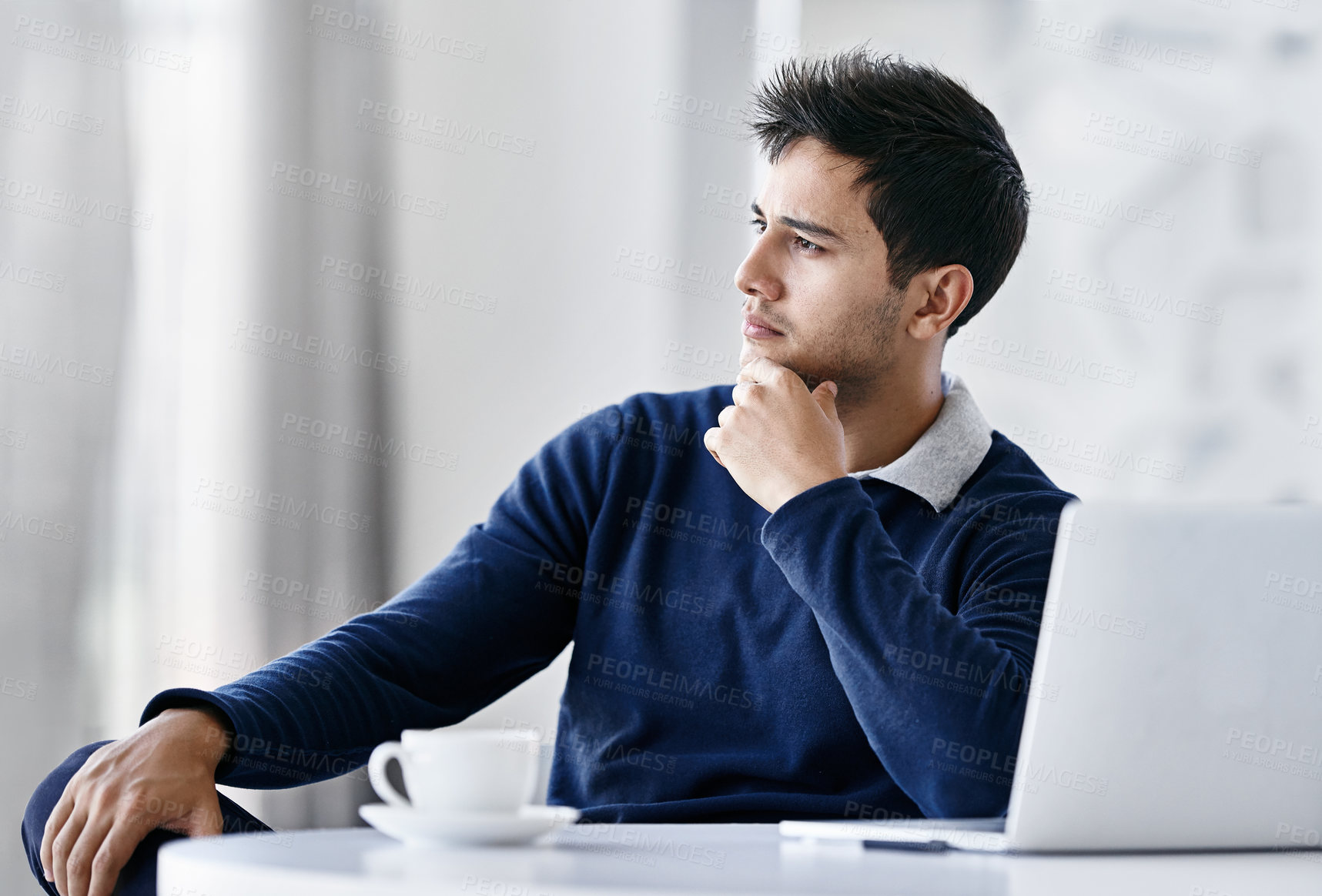 Buy stock photo Man, plan and thinking in office, problem solving and banker employee for reflection. Male person, worker brainstorming and workplace for contemplating ideas, vision and ponder proposal with tea