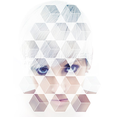 Buy stock photo Composite image of a beautiful young woman in hexagons