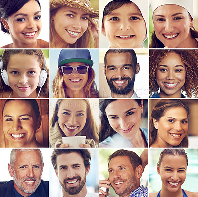 Buy stock photo Composite image of a diverse group of smiling people