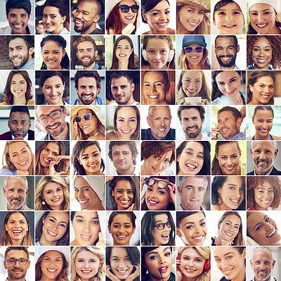 Buy stock photo Diversity, large group and people with happiness, confident and different races with joy, cheerful and excitement. Portrait, faces and happy human beings with collage, smile and charming with beauty