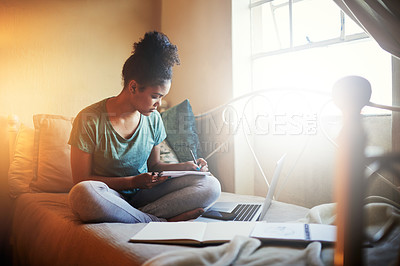 Buy stock photo Full length shot of a young female student studying at home