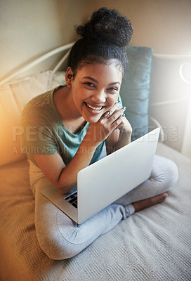 Buy stock photo High angle portrait of a young female student studying at home