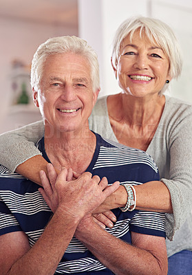 Buy stock photo Portrait of a happy senior couple at home