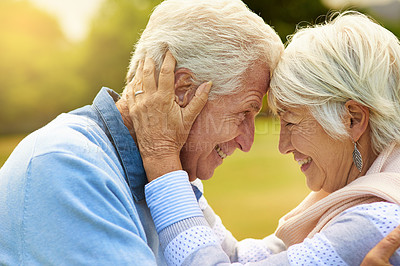 Buy stock photo Forehead, smile and senior couple with love, marriage and retirement with romance, bonding and loving together. Partners, elderly woman or old man with happiness, relationship and romantic with trust