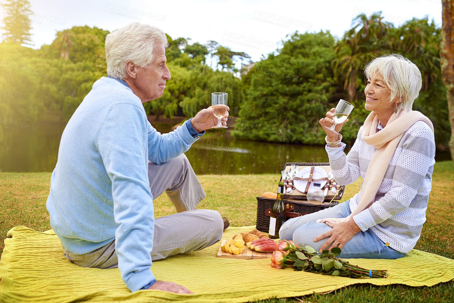 Buy stock photo Shot of a senior couple enjoying a picnic in a park