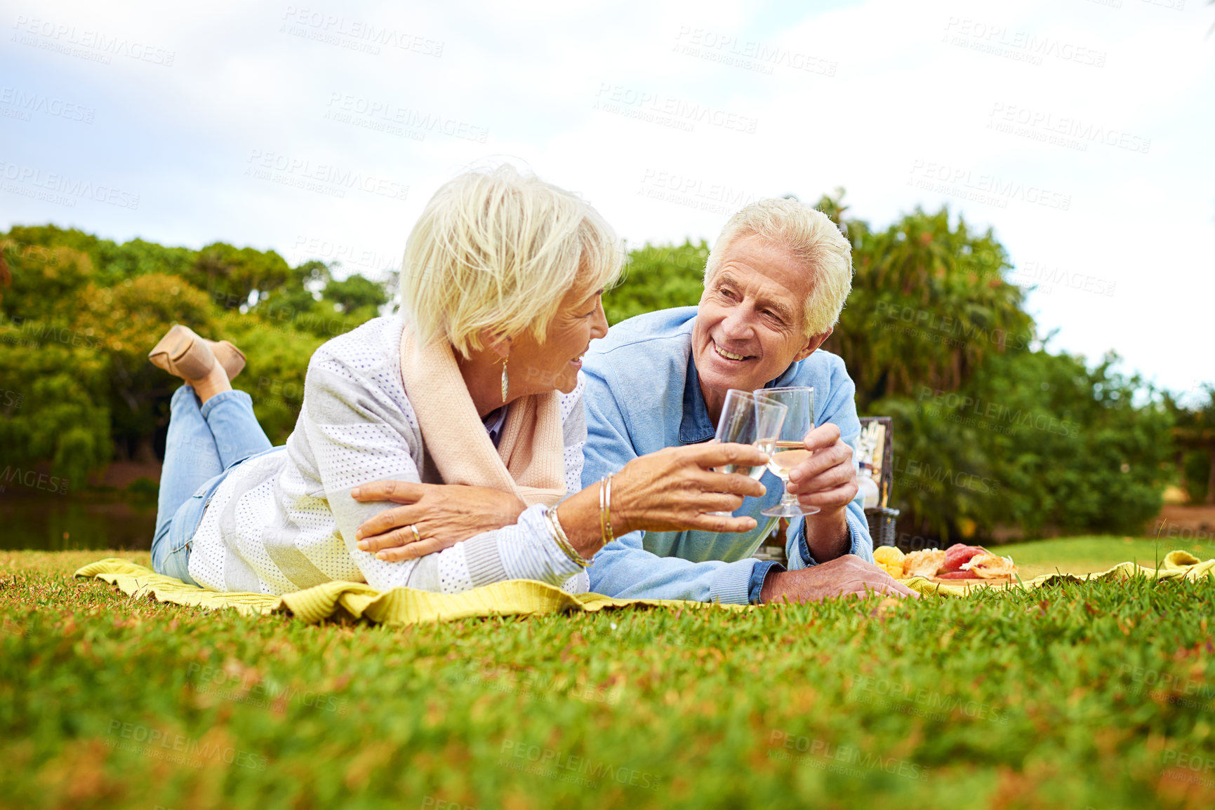 Buy stock photo Cheers, couple and picnic with champagne glass for love, support and bonding on valentines day. Park, senior people and happy in relationship with alcohol on romantic date and retirement with toast