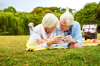 Buy stock photo Shot of a senior couple enjoying a picnic in a park