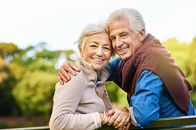Buy stock photo Old couple in portrait, relax in the park with smile, happiness together with bonding in nature, love and retirement. Happy, man and woman with travel, relationship with marriage and commitment