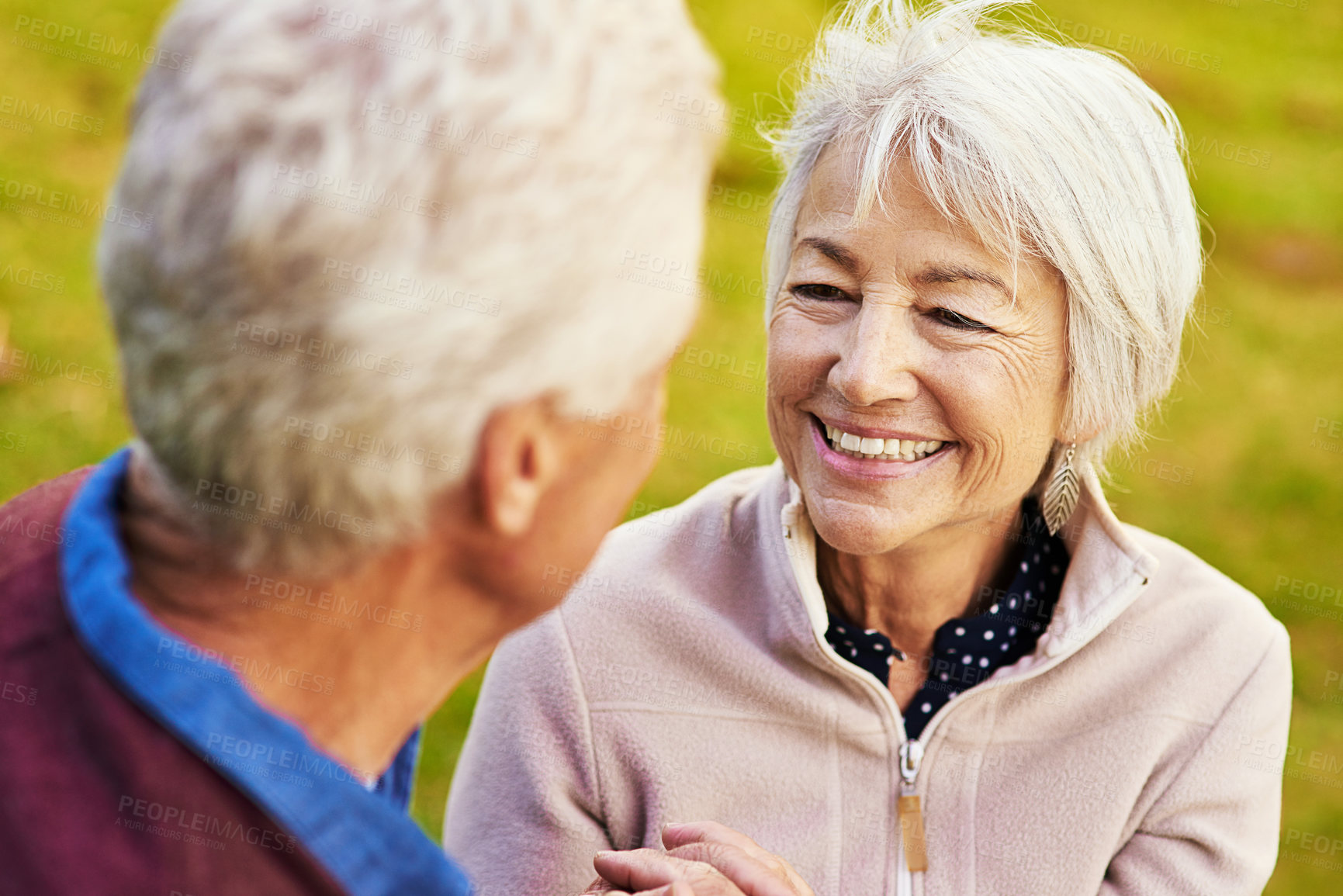 Buy stock photo Old couple, relax in the park and smile, happiness together with bonding in nature, face with love and retirement. Happy, man and woman with travel, relationship with trust in marriage and commitment