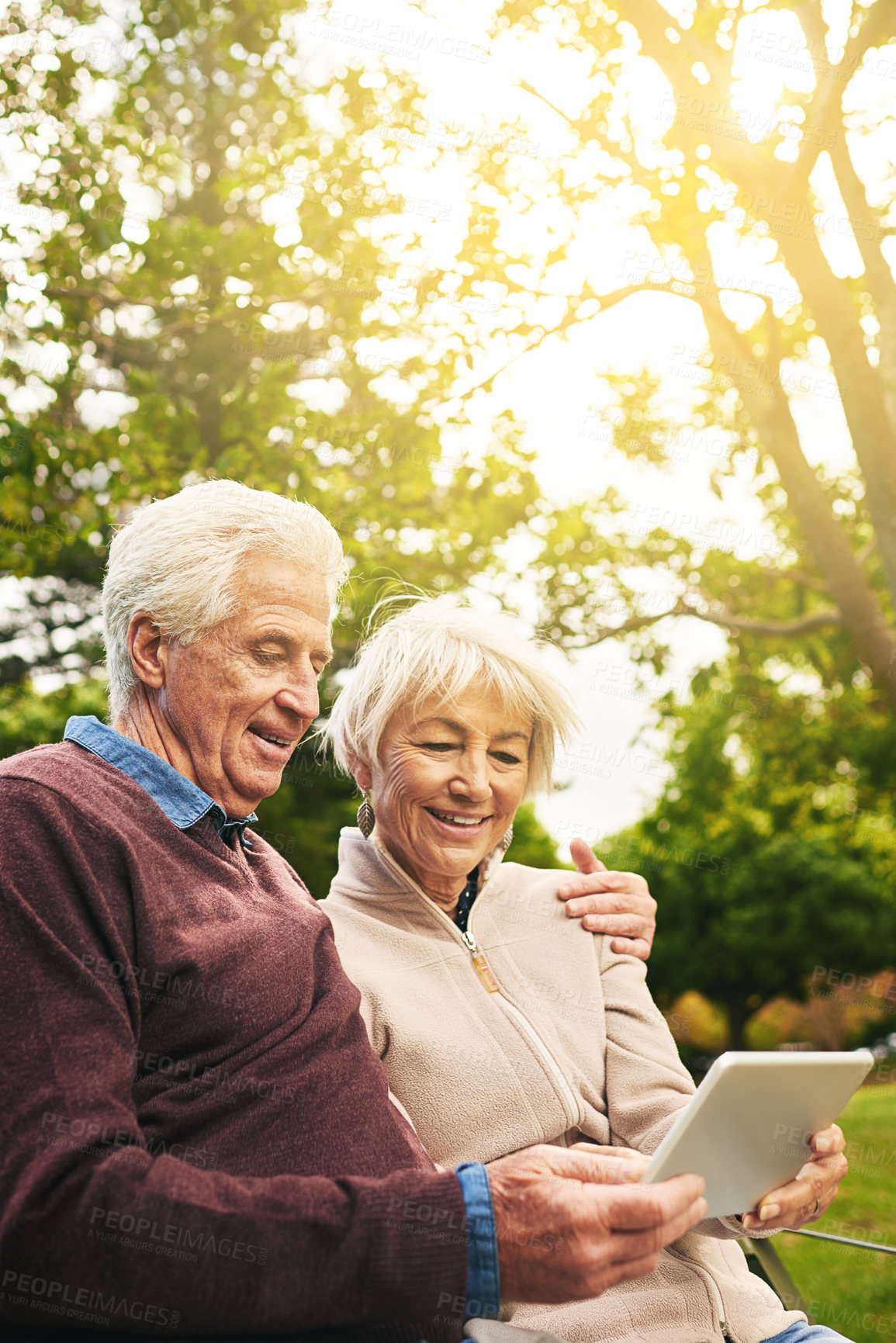 Buy stock photo Shot of a senior couple using a digital tablet together in the park