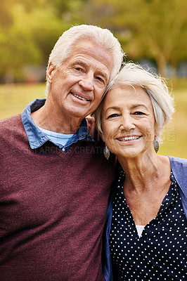 Buy stock photo Old couple in portrait, outdoor in the park with smile, happiness together with bonding in nature, love and retirement. Happy, man and woman with travel, relationship with marriage and commitment