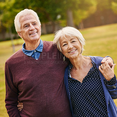 Buy stock photo Portrait of a happy senior couple in the park