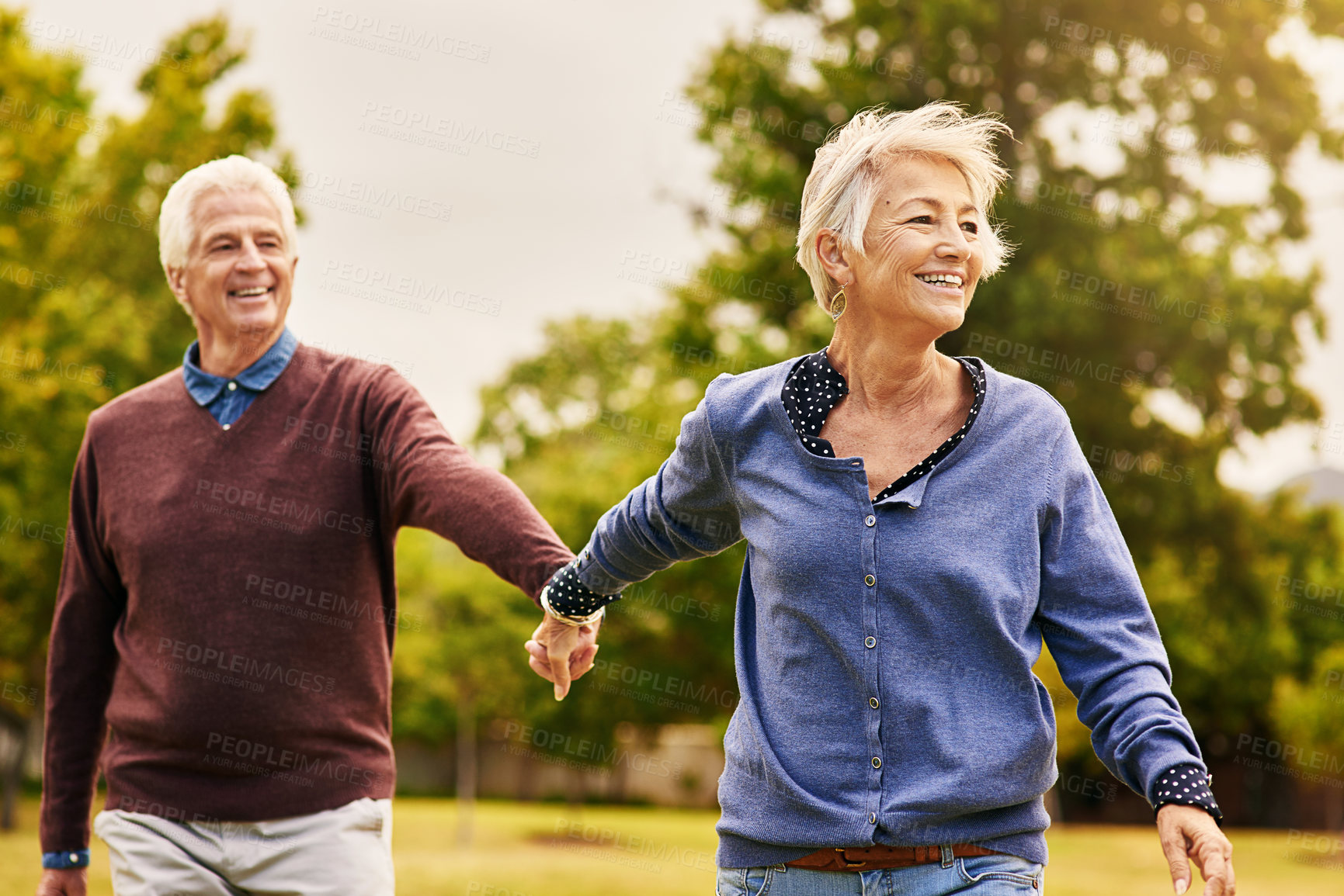 Buy stock photo Shot of a happy senior couple going for a walk in the park
