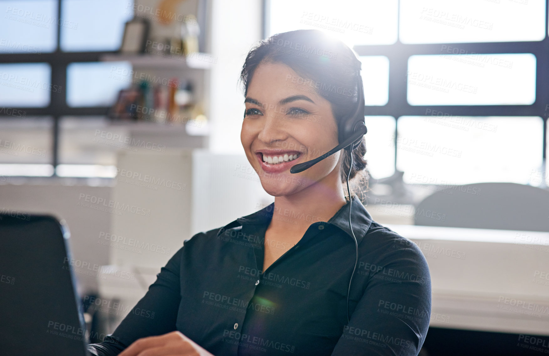 Buy stock photo Happy, call center and laptop with business woman in office for communication, contact us and sales agent. Telemarketing, crm advisory and help desk with person in agency for consulting and hotline